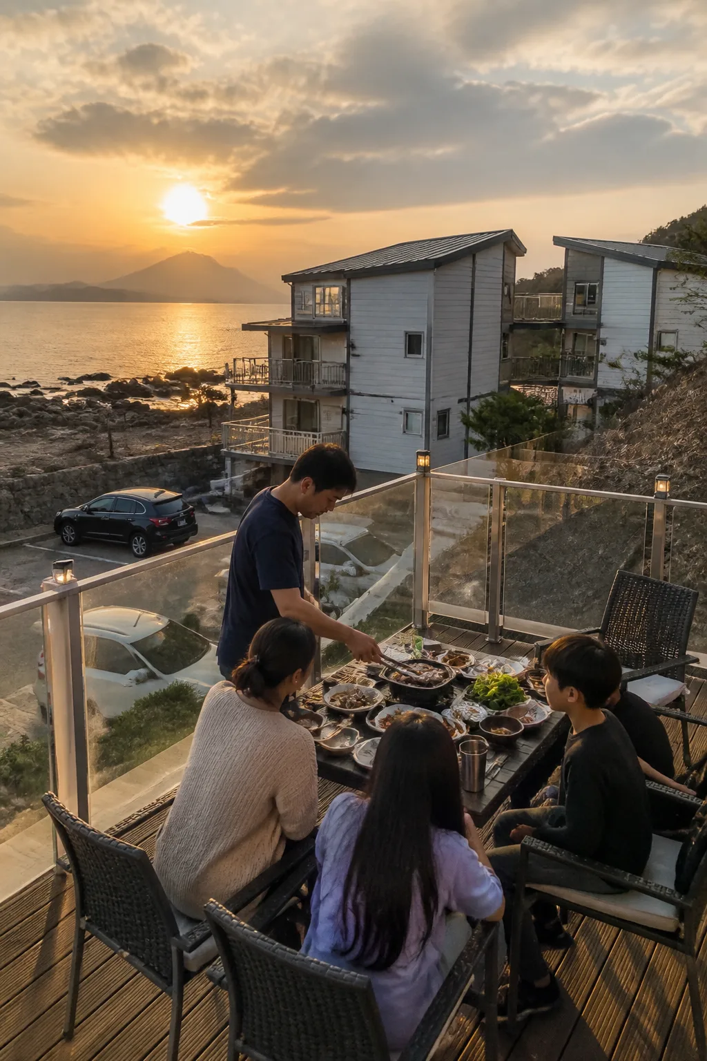 인천펜션 해안권 테라스에서 가족과 친구들이 바다를 바라보며 쉬는 모습