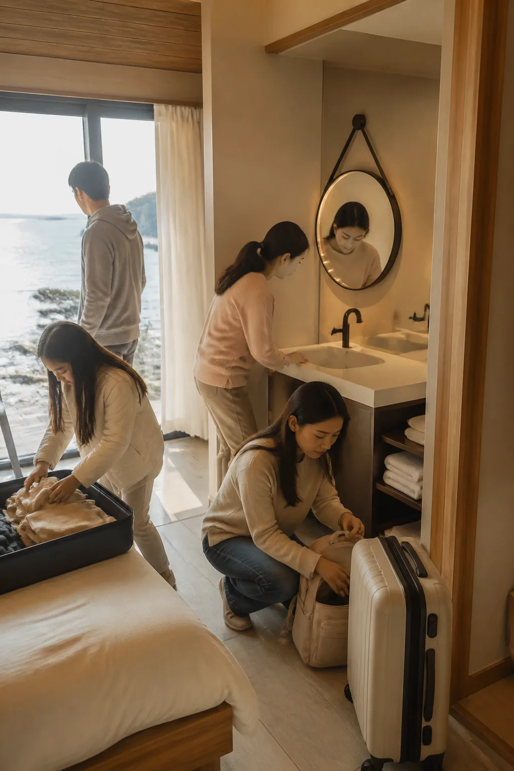 인천펜션에서 가족 여행객이 욕실과 세면 공간을 나누어 아침 출발을 준비하는 모습