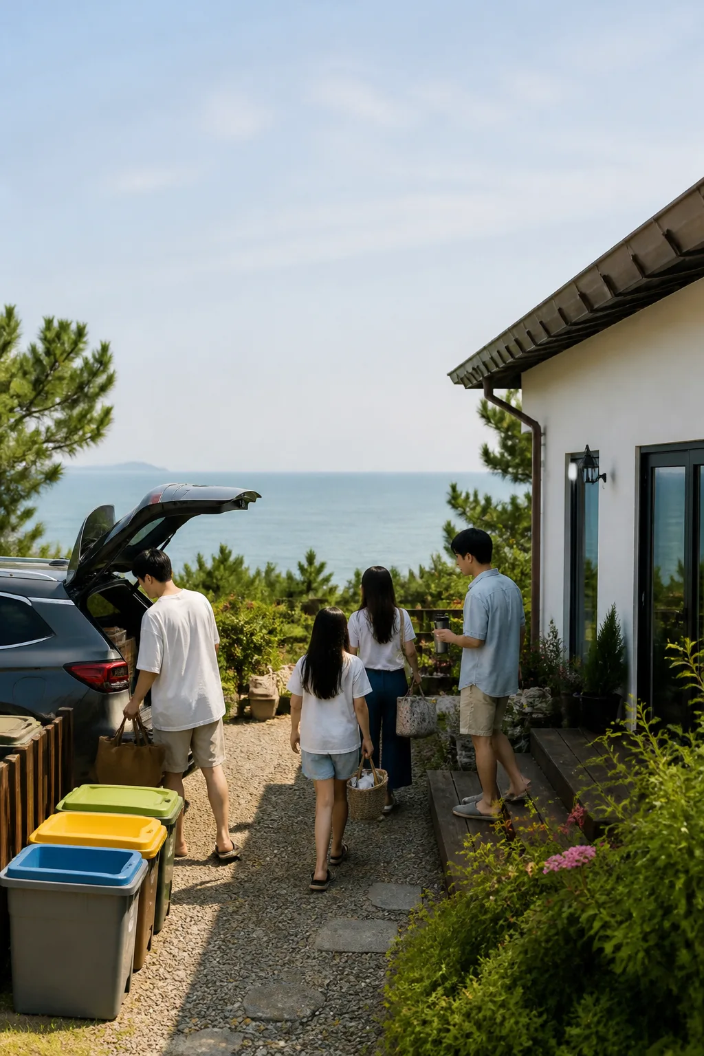 인천펜션 마당에서 재사용 용품과 여행 짐을 정리하는 가족 여행객과 해안 풍경
