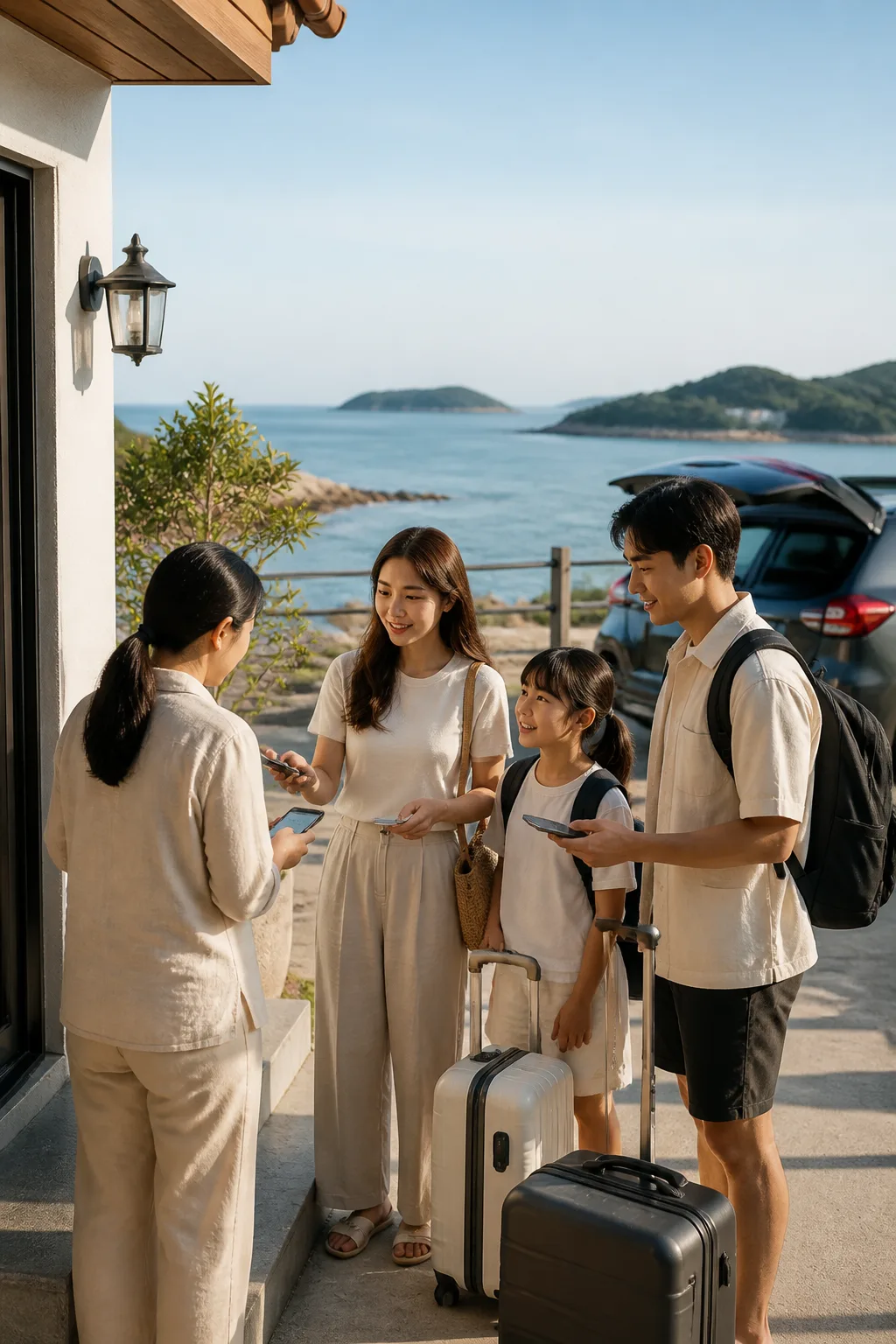 해안가 인천펜션에서 가족 여행객들이 짐과 휴대전화를 준비하며 체크인하는 모습