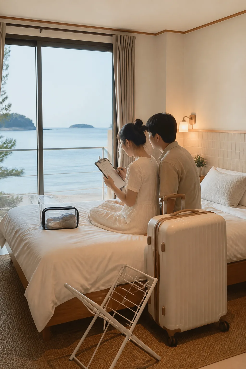 해안 여행 준비물과 객실 비품을 확인하는 인천펜션 여행 장면