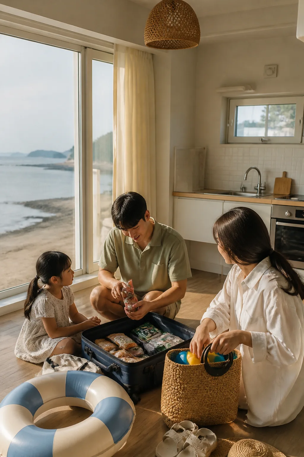 해안 여행용품과 간편식을 정리하는 인천펜션 객실 내부