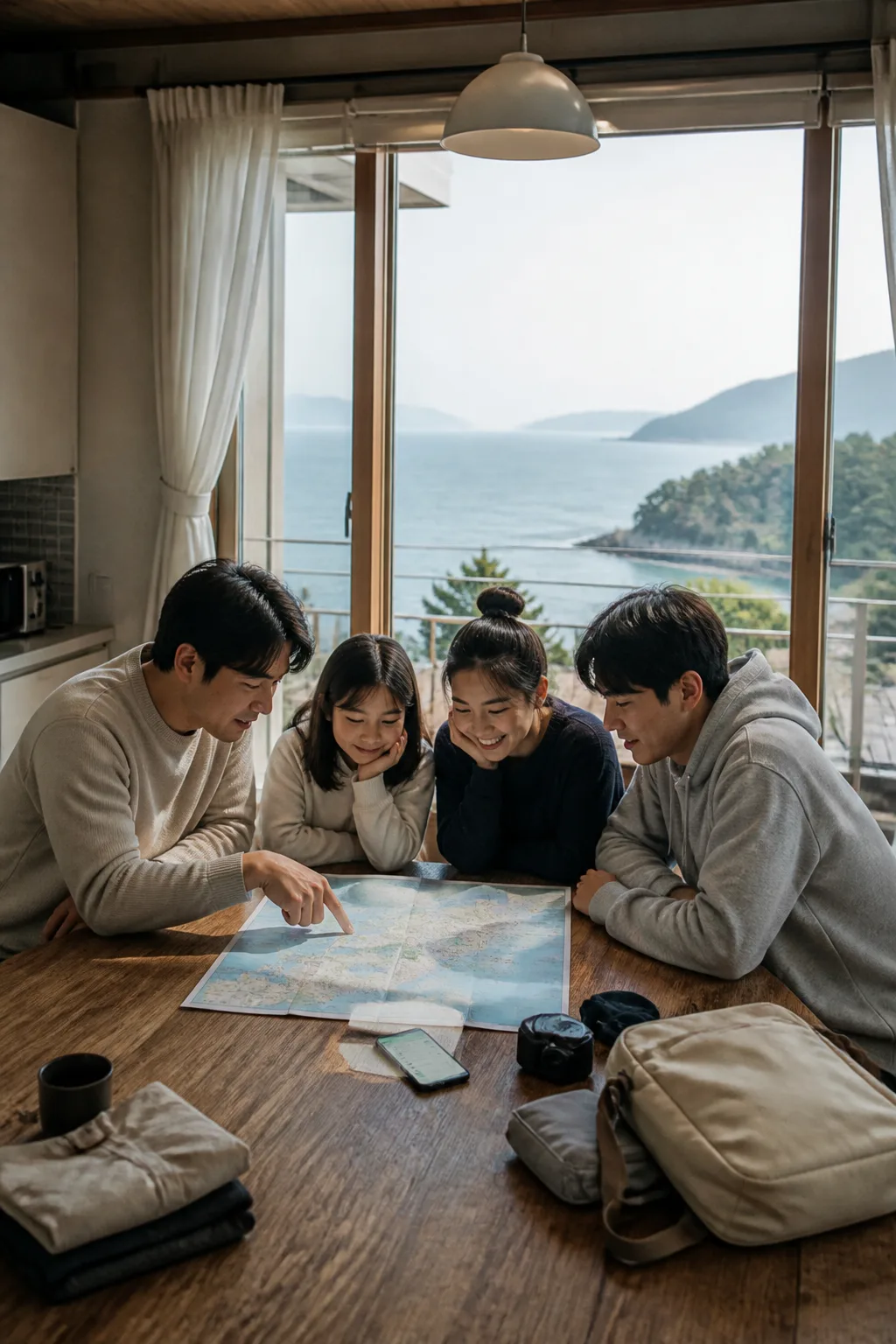 인천펜션 여행을 앞두고 바다 풍경이 보이는 객실에서 일행이 지도와 준비물을 확인하는 모습