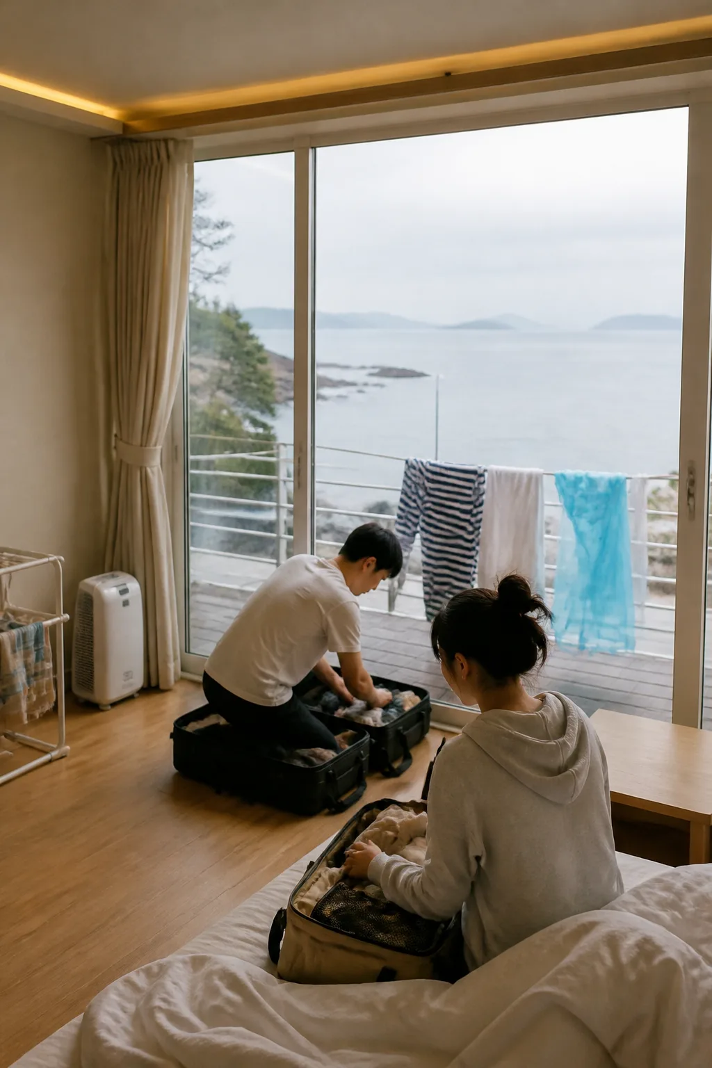 인천펜션 객실에서 해안 여행 후 젖은 수건과 우비를 건조대에 정리하는 모습